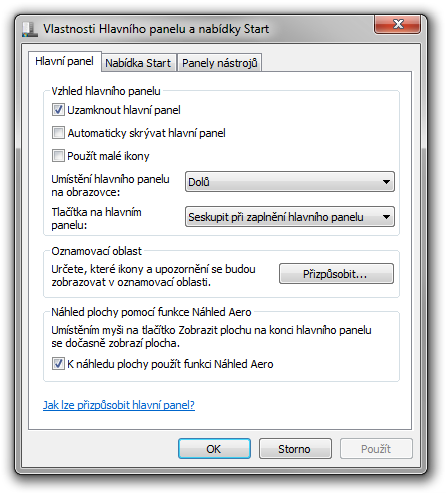 nastavení taskbaru ve Windows 7