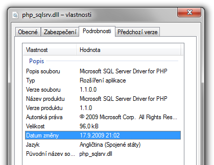 SQL Server Driver 1.1 kompilovaný s VC8