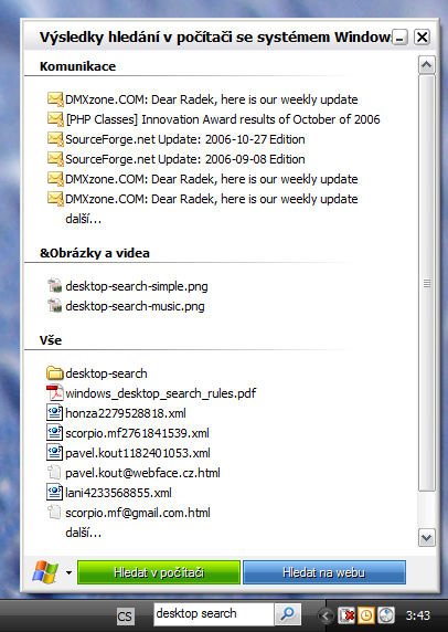 Windows Desktop Search - okno hledání