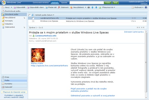 webové rozhraní Windows Live Hotmail